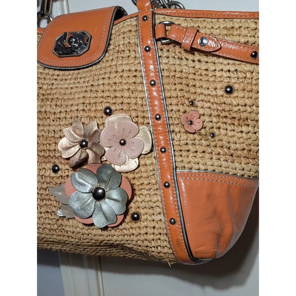 Coach Madison Straw Tote Flower Applique Natural & Orange Raffia Silver Studded